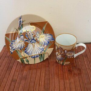 Vintage Fitz & Floyd Cloisonne Iris Dessert Plate & Matching Mug